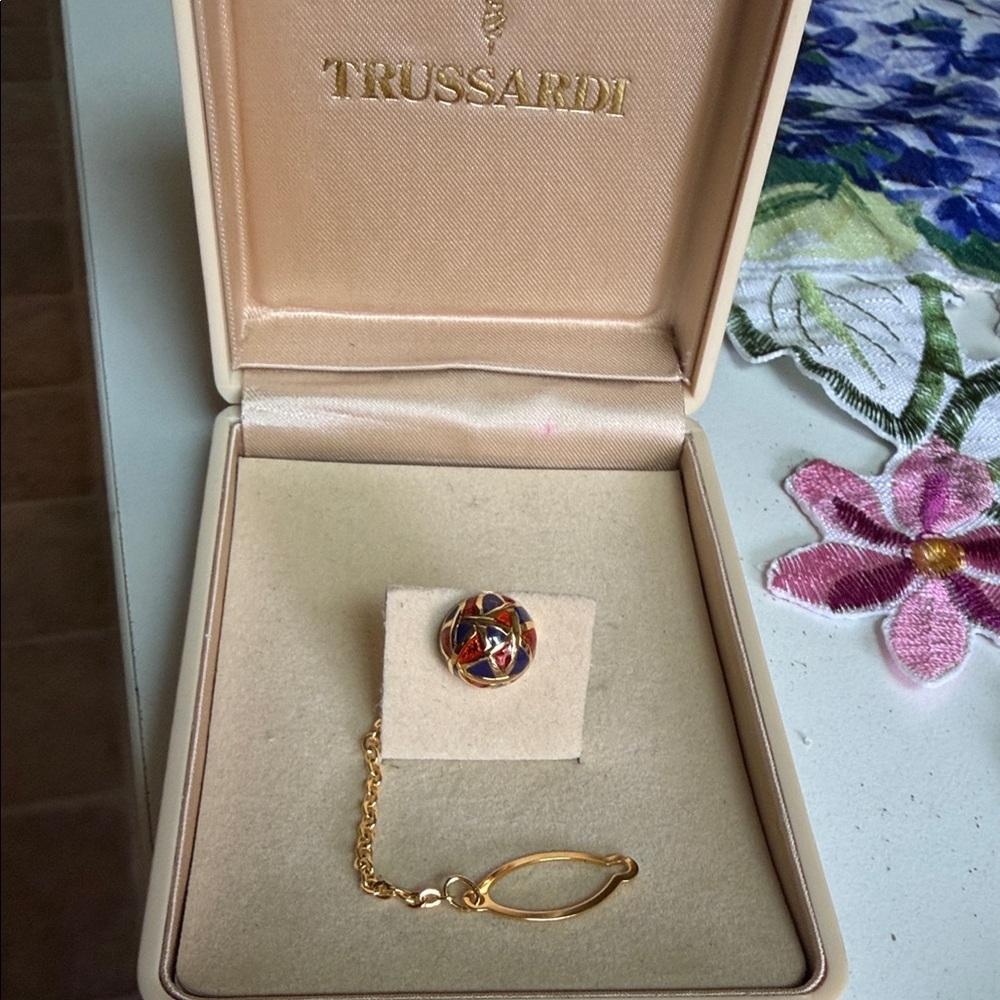 Trussardi Gold Tie Tack with Red and Blue Enamel